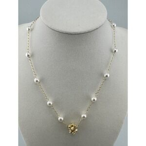 Gold Tone Pearl Station Necklace Textured Knot Floral Pendant Adjustable Chain‎
